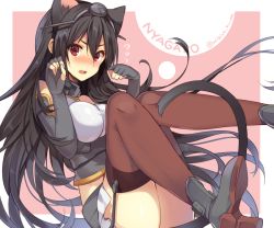 Rule 34 | 10s, 1girl, animal ears, bad id, bad twitter id, bare shoulders, black hair, blush, breasts, cat ears, cat tail, character name, elbow gloves, fake animal ears, fingerless gloves, gloves, hair between eyes, hairband, headgear, high heels, kantai collection, large breasts, long hair, mishima kurone, nagato (kancolle), open mouth, paw pose, red eyes, simple background, skirt, tail, thighhighs, twitter username, very long hair