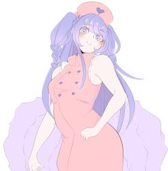 Rule 34 | 1girl, alternate costume, amiya aranha, armpit peek, arthropod limbs, blush, breasts, commentary, dress, english commentary, extra legs, hair behind ear, hat, head tilt, highres, im mechecheche, indie virtual youtuber, looking at viewer, medium breasts, nurse, nurse cap, pink dress, pink hat, purple hair, simple background, sleeveless, sleeveless dress, smile, solo, two side up, virtual youtuber, white background