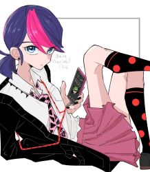Rule 34 | 1girl, black jacket, blue eyes, blue hair, cellphone, closed mouth, earrings, hand in pocket, holding, holding phone, jacket, jewelry, looking at viewer, marinette dupain-cheng, miracharink0, miraculous ladybug, necktie, open clothes, open jacket, phone, pink skirt, polka dot, school uniform, shirt, short twintails, simple background, skirt, smartphone, solo, twintails, white background, white shirt