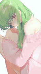 Rule 34 | 1girl, bare shoulders, c.c., code geass, creayus, green hair, highres, long hair, looking at viewer, pink sweater, solo, sweater, white background, yellow eyes
