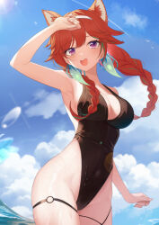 Rule 34 | 1girl, :d, absurdres, animal ear fluff, animal ears, arm up, armpits, black one-piece swimsuit, blue sky, braid, breasts, cat ears, cloud, day, earrings, feather earrings, feathers, floating hair, hairband, highleg, highleg swimsuit, highres, hololive, hololive english, jewelry, jiang ye kiri, large breasts, one-piece swimsuit, open mouth, orange hair, outdoors, purple eyes, sky, smile, solo, sunlight, swimsuit, takanashi kiara, thigh strap, twin braids, virtual youtuber, wading, water, wet, white hairband