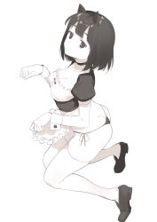 Rule 34 | 1girl, 2l (2lsize), animal ears, apron, ass, blunt bangs, bob cut, breasts, butt crack, cat ears, cleavage, closed mouth, expressionless, frills, from side, full body, greyscale, hand up, highres, kneeling, loafers, looking at viewer, maid, monochrome, original, panties, paw pose, shoes, short hair, short sleeves, side-tie panties, small breasts, solo, thighhighs, underwear, waist apron, white thighhighs, wrist cuffs