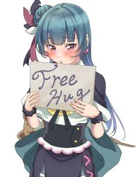 Rule 34 | 1girl, black capelet, black feathers, blue hair, blush, capelet, commentary request, dress, earrings, embarrassed, english text, feather hair ornament, feathers, free hugs, genjitsu no yohane, hair bun, hair ornament, heart, heart earrings, highres, holding, holding sign, jewelry, long hair, looking at viewer, love live!, love live! sunshine!!, mei hinamatsu, open mouth, purple eyes, raised eyebrow, short sleeves, sign, simple background, single bang, single hair bun, single side bun, solo, staff, standing, sweat, sweatdrop, tsushima yoshiko, upper body, white background, yohane (genjitsu no yohane)