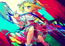 Rule 34 | 1girl, ascot, blonde hair, bobby socks, doggo 1d34, embodiment of scarlet devil, flandre scarlet, hat, highres, holding, holding polearm, holding weapon, laevatein (touhou), medium hair, mob cap, multicolored background, open mouth, pointy ears, polearm, red eyes, red skirt, red vest, shirt, side ponytail, signature, skirt, skirt set, socks, solo, touhou, vest, weapon, white hat, white shirt, white socks, yellow ascot