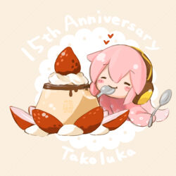 Rule 34 | 1girl, anniversary, blush stickers, character name, closed eyes, commentary, cream, doily, eating, food, fruit, headphones, heart, holding, holding spoon, megurine luka, octopus, pink hair, pudding, sanpati, seal impression, smile, solo, spoon, strawberry, strawberry slice, takoluka, tentacle hair, vocaloid, yellow background