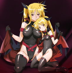 Rule 34 | 2girls, aged up, bad id, bad pixiv id, bare shoulders, black gloves, black legwear, black leotard, blonde hair, blush, boots, breasts, cape, covered erect nipples, covered navel, dual persona, fate testarossa, fate testarossa (original form), gloves, hair ribbon, highleg, highleg leotard, highres, knee boots, large breasts, leotard, long hair, looking at viewer, lyrical nanoha, magical girl, mahou shoujo lyrical nanoha, mahou shoujo lyrical nanoha strikers, multiple girls, ontaros, parted lips, red eyes, ribbon, shiny clothes, shiny skin, skin tight, small breasts, smile, taut clothes, thighhighs, time paradox, twintails, very long hair