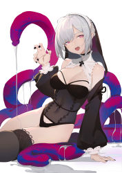 Rule 34 | 1girl, :d, bad id, bad pixiv id, bare shoulders, black nails, black panties, black thighhighs, breasts, cleavage, detached sleeves, highres, huang (volt0526), looking at viewer, medium breasts, nail polish, navel, nun, open mouth, original, panties, purple eyes, see-through, silver hair, simple background, sitting, smile, solo, tentacles, thighhighs, underwear, white background