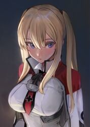 Rule 34 | 1girl, blonde hair, blue eyes, breasts, capelet, cross, graf zeppelin (kancolle), hair between eyes, highres, iron cross, kantai collection, large breasts, long hair, looking at viewer, military, military uniform, necktie, purple eyes, sidelocks, simple background, solo, twintails, u teitoku, uniform, upper body