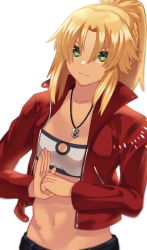 Rule 34 | 1girl, akio (akio1124), blonde hair, braid, breasts, closed mouth, fate/apocrypha, fate/grand order, fate (series), french braid, green eyes, highres, jacket, jewelry, long hair, midriff, mordred (fate), mordred (fate/apocrypha), mordred (memories at trifas) (fate), navel, necklace, ponytail, red jacket, small breasts, smile, solo, white background