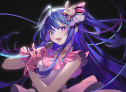 Rule 34 | 1girl, blue eyes, blue hair, dress, fang, floating hair, gloves, hair ornament, highres, holding, holding microphone, hoshino ai (oshi no ko), long hair, looking at viewer, microphone, okitanation, open mouth, oshi no ko, rabbit hair ornament, sleeveless, sleeveless dress, smile, solo, star (symbol), star in eye, symbol in eye, two side up, very long hair