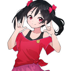 Rule 34 | 1girl, absurdres, artist name, artist request, badge, bare shoulders, black hair, blush, bow, breasts, button badge, collarbone, female focus, hair bow, highres, looking at viewer, love live!, love live! school idol festival, love live! school idol project, nico nico nii, off shoulder, pink skirt, red bow, red eyes, red shirt, shirataki (sea ice cream), shirt, short hair, skirt, small breasts, smile, solo, tied shirt, twintails, undershirt, white background, white legwear, yazawa nico