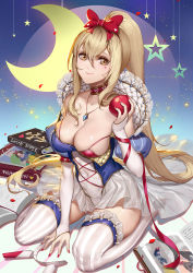 Rule 34 | 1girl, apple, ayanami (azur lane), azur lane, blonde hair, book, bow, bra, breasts, bridal gauntlets, brown eyes, choker, cleavage, clothes pull, cosplay, covered navel, crescent moon, cross-laced clothes, dress, dress pull, facial mark, food, frilled thighhighs, frills, fruit, hair between eyes, hair bow, hairband, heart, heart choker, high ponytail, highres, holding, holding food, holding fruit, itoucon, jewelry, large breasts, long hair, looking at viewer, moon, necklace, open book, picture book, pink bra, red bow, sitting, skindentation, snow white, snow white (grimm), snow white (grimm) (cosplay), solo, star (symbol), striped clothes, striped thighhighs, thighhighs, underwear, unworn hairband, vertical-striped clothes, vertical-striped thighhighs, very long hair, wariza, white dress, white thighhighs, zettai ryouiki
