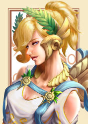 Rule 34 | 1girl, absurdres, alternate costume, ancient greek clothes, asymmetrical hair, bare shoulders, blonde hair, blue eyes, breasts, chiton, cleavage, dress, eyelashes, head wreath, highres, jewelry, laurel crown, lips, looking at viewer, mechanical wings, medium breasts, medium hair, mercy (overwatch), neck ring, nose, overwatch, overwatch 1, portrait, short ponytail, solo, tee fuyuan, toga, white dress, winged victory mercy, wings