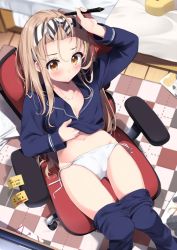 Rule 34 | 1girl, bed, blonde hair, blue pants, blue shirt, blush, breasts, chair, cleavage, clothes pull, collarbone, commentary request, from above, hairband, arms up, holding, holding pen, indoors, long hair, navel, original, pajamas, panties, pants, pants pull, pen, ribbon, sasahara wakaba, shirt, shirt pull, side-tie panties, sitting, small breasts, underwear, white panties, yellow eyes
