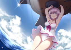 Rule 34 | 1girl, armpits, arms up, blue sky, breasts, cloud, cloudy sky, day, dutch angle, fate/grand order, fate (series), hair over one eye, highres, holding, holding shield, light purple hair, light rays, mash kyrielight, mash kyrielight (swimsuit of perpetual summer), medium breasts, mku, ocean, official alternate costume, one-piece swimsuit, open mouth, purple eyes, purple hair, shield, short hair, sky, smile, solo, sunbeam, sunlight, swimsuit, teeth, thighs, upskirt, wading, white one-piece swimsuit
