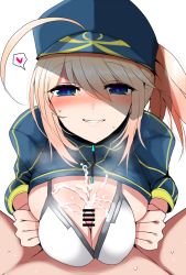 Rule 34 | 1girl, ahoge, artoria pendragon (fate), bar censor, baseball cap, bikini, blonde hair, blue hat, blush, breasts, censored, cum, cum on body, cum on breasts, cum on upper body, ejaculation, fate/grand order, fate (series), hair between eyes, han (jackpot), hat, heart, large breasts, looking at viewer, mysterious heroine x (fate), mysterious heroine xx (fate), paizuri, penis, ponytail, short hair, shrug (clothing), simple background, smile, solo focus, spoken heart, swimsuit, white background, white bikini