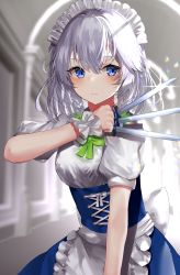 Rule 34 | 1girl, apron, arm up, artist name, between fingers, blue dress, blue eyes, blurry, blurry background, blush, braid, breasts, closed mouth, corset, cowboy shot, dress, expressionless, green ribbon, hair between eyes, highres, holding, indoors, izayoi sakuya, knife, long hair, looking to the side, medium breasts, puffy short sleeves, puffy sleeves, ribbon, sakizaki saki-p, short sleeves, silver hair, solo, throwing knife, touhou, twin braids, waist apron, weapon, white apron, wrist cuffs