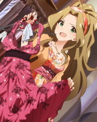 Rule 34 | &gt;:d, 10s, 1girl, :d, brown hair, dress, formal, green eyes, idolmaster, idolmaster million live!, jewelry, long hair, looking at viewer, necklace, nikaidou chizuru, official art, open mouth, ponytail, smile, v-shaped eyebrows, very long hair