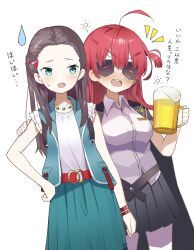 ahoge alcohol asami_makiko_(heaven_burns_red) bangs_pinned_back beer beer_mug brown_hair covered_eyes cup eyepatch fish_hair_ornament frills green_eyes green_skirt hair_ornament heaven_burns_red highres jacket jacket_on_shoulders long_hair mug ooshima_niina red_hair rinki_oohen shirt skirt white_shirt