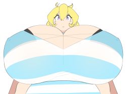 Rule 34 | 1girl, blonde hair, breasts, cassie (theycallhimcake), dullahan, covered erect nipples, from below, gigantic breasts, impossible clothes, original, purple eyes, shirt, solo, taut clothes, taut shirt, theycallhimcake