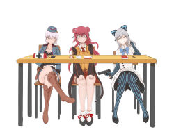 Rule 34 | &gt;:(, 3girls, ;), absurdres, aiming, awsaedmd, balkenkreuz, blue skirt, boots, bow, breasts, brown footwear, chair, cleavage, commentary, cross, crossed legs, dress, eraser, garrison cap, girls&#039; frontline, gloves, grey hair, gun, hair bow, hair lift, hammer and sickle, handgun, hands on own knees, hat, highres, holding, holding gun, holding weapon, holster, knee boots, leaning to the side, legs, light purple hair, looking to the side, luger p08, military, military vehicle, motor vehicle, multiple girls, one eye closed, p08 (girls&#039; frontline), pantyhose, paper, pen, pencil, pencil case, pistol, polish flag, politics, red eyes, red hair, red neckwear, red skirt, shaded face, simple background, sitting, sketch, skirt, smile, striped clothes, striped gloves, striped legwear, striped pantyhose, sweater vest, table, tailcoat, tank, thigh strap, tokarev (girls&#039; frontline), tokarev tt-33, vertical-striped clothes, vertical-striped gloves, vertical-striped legwear, vertical-striped pantyhose, weapon, white background, white dress, wz.29 (girls&#039; frontline)