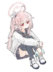 Rule 34 | 1girl, ahoge, asymmetrical hair, black thighhighs, blue archive, cardigan, full body, grey sailor collar, grey skirt, halo, holding, holding phone, knees up, long sleeves, looking at viewer, natsu (blue archive), osakanadream, parted lips, phone, pink hair, pleated skirt, red eyes, sailor collar, school uniform, side ponytail, simple background, sitting, skirt, solo, thighhighs, white background, white cardigan, white footwear