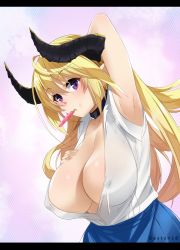 Rule 34 | 1girl, absurdres, amon patricia, arm up, armpits, blonde hair, breasts, cleavage, covered erect nipples, floor ni maou ga imasu, gaston18, highres, horns, huge breasts, letterboxed, long hair, looking at viewer, plump, purple eyes, skirt, solo, upper body