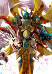 Rule 34 | angel, angel wings, armor, armored boots, backlighting, boots, breastplate, claws, digimon, digimon (creature), dragon, feathered wings, full armor, gauntlets, golden wings, green eyes, helmet, holydramon, horns, knight, multiple wings, no humans, pauldrons, seraphimon, sharp teeth, shoulder armor, snout, teeth, white wings, wings, winni