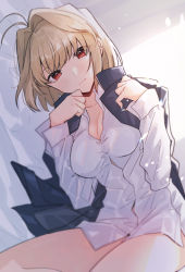Rule 34 | 1girl, absurdres, antenna hair, arcueid brunestud, bare legs, bed sheet, blonde hair, blush, breasts, cleavage, closed mouth, collared shirt, hair intakes, highres, indoors, jacket, jacket on shoulders, long sleeves, looking at viewer, lying, medium breasts, naked shirt, on bed, on side, open clothes, open jacket, partially unbuttoned, perspective, red eyes, shirt, short hair, sideways, smile, solo, swept bangs, taut clothes, taut shirt, tsukihime, wasa (pixiv29582664), wasa (wanosabi), white shirt, wing collar