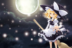Rule 34 | 1girl, blonde hair, broom, female focus, full moon, hat, hat ribbon, kirisame marisa, moon, moonlight, night, outstretched hand, ribbon, solo, touhou, tsukasaki aoi, witch hat, yellow eyes