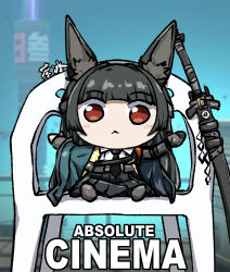 1girl :&lt; absolute_cinema_(meme) animal_ear_fluff animal_ears arms_up black_gloves black_hair black_necktie black_skirt chibi chibi_only closed_mouth devil_may_cry_(series) fingerless_gloves fox_ears game_screenshot_background gauntlets gloves green_jacket highres hoshimi_miyabi jacket kiiyodex long_hair looking_at_viewer meme monobloc_(chair) necktie on_chair outstretched_arms red_eyes scabbard screenshot_background sheath shirt single_fingerless_glove single_gauntlet single_glove sitting skirt solo spread_arms straight-on sword vergil&#039;s_chair_(meme) weapon white_shirt zenless_zone_zero