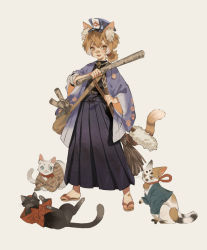 Rule 34 | 1girl, animal ear fluff, animal ears, bag, bandaid, bandaid on foot, bell, black skirt, blue headwear, broom, brown eyes, cat, cat ears, cat girl, cat tail, character request, commentary request, fang, gradient hair, grey background, hakama, hakama skirt, haori, holding, holding broom, holding paper, japanese clothes, looking at viewer, multicolored hair, neck bell, onmyoji, open mouth, orange hair, paper, paw print, sandals, short ponytail, shoulder bag, simple background, skirt, smile, solo, tail, toes, tsubonari, white hair