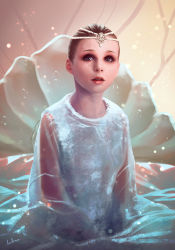 Rule 34 | 1girl, childlike empress, dress, female focus, gown, hair slicked back, highres, jewelry, lipstick, makeup, neverending story, open mouth, photorealistic, realistic, senda satoru, short hair, signature, solo, very short hair