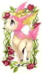 Rule 34 | animal focus, closed mouth, creatures (company), deer, deerling, deerling (spring), flower, full body, game freak, gen 5 pokemon, happy, highres, marker (medium), mofuo, nintendo, no humans, plant, pokemon, pokemon (creature), purple eyes, red flower, red rose, rose, smile, solo, standing, traditional media, vines, white background