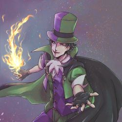 Rule 34 | 1boy, ace attorney, belt, black cape, black gloves, black hair, buttons, cape, chobi (piita4), cowboy shot, cropped jacket, fingerless gloves, fire, gloves, green hat, green jacket, green pants, green vest, happy, hat, jacket, magician, male focus, manov mistree, mr. reus, multicolored clothes, multicolored hat, multicolored jacket, multicolored pants, multicolored vest, open clothes, open jacket, open mouth, outstretched arms, pants, phoenix wright: ace attorney - spirit of justice, purple hat, purple jacket, purple pants, purple vest, pyrokinesis, reaching, reaching towards viewer, shirt, short hair, short sleeves, smile, solo, split theme, standing, top hat, two-sided cape, two-sided fabric, vest, white shirt
