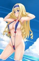 Rule 34 | 10s, 1girl, armpits, arms up, blonde hair, blue eyes, breasts, cecilia alcott, cleavage, curly hair, drill hair, dutch angle, covered erect nipples, groin, hairband, infinite stratos, large breasts, long hair, navel, ribbon, sideboob, slingshot swimsuit, smile, solo, swimsuit, underboob, yokaze japan
