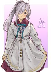 Rule 34 | 1girl, ahoge, alternate costume, artist logo, asashimo (kancolle), blonde hair, blue ribbon, commentary request, cowboy shot, dated, dress, gradient background, grey eyes, hair over one eye, highres, kantai collection, ld (luna dial398), long hair, neck ribbon, ponytail, ribbon, silver hair, skirt hold, smile, solo, white dress