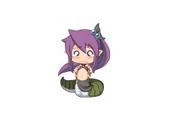 Rule 34 | 1girl, armlet, bare shoulders, black ribbon, black skirt, bmp-to-png conversion, bracelet, chibi, closed mouth, fang, fang out, flat chest, frown, full body, game cg, green tail, hair between eyes, hair bobbles, hair ornament, hair ribbon, hands on own hips, high ponytail, jewelry, jingai modoki, lamia, light blush, long hair, looking at viewer, mon-musu quest!, monster girl, navel, non-web source, o-ring, o-ring bottom, o-ring top, o o, pointy ears, ponytail, purple hair, ribbon, sidelocks, simple background, skirt, solo, standing, stomach, striped tail, tail, tearing up, tears, teeny (mon-musu quest!), transparent background, very long hair