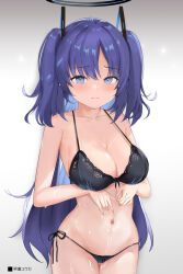 Rule 34 | 1girl, absurdres, bikini, black bikini, blue archive, blue eyes, blush, breasts, cleavage, closed mouth, collarbone, commentary, cowboy shot, gradient background, groin, hair between eyes, halo, highres, large breasts, long hair, looking at viewer, mechanical halo, namelessdays, navel, purple hair, pussy juice, revision, side-tie bikini bottom, simple background, solo, sweat, swimsuit, two side up, white background, yuuka (blue archive)