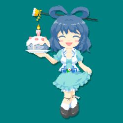 Rule 34 | 1girl, :d, ^ ^, aqua background, belt, black belt, black footwear, blue dress, blue hair, cake, closed eyes, dress, flower, food, full body, hair ornament, hair rings, hair stick, icing, itatatata, kaku seiga, legs together, lifting own clothes, open clothes, open mouth, open vest, pixel art, plate, shoes, short hair, simple background, smile, socks, solo, standing, tongue, touhou, vest, white socks, white vest