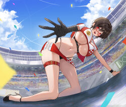 1girl absurdres bandaged_arm bandages bent_over black_footwear black_hair black_panties blue_sky blurry blush breasts cleavage cloud cloudy_sky commentary commission confetti crop_top depth_of_field hair_between_eyes high_heels highleg highleg_panties highres hovaku large_breasts looking_at_viewer microskirt navel open_mouth original panties race_queen red-framed_eyewear red_eyes red_skirt semi-rimless_eyewear short_hair skirt sky smile solo stadium stomach teeth thigh_strap thighs underboob underwear upper_teeth_only