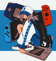 Rule 34 | 1girl, adidas, backpack, bag, baseball cap, black bag, black eyes, blue background, blue jacket, blush, brand name imitation, fila, from side, full body, game boy advance, grey hair, handheld game console, hat, highres, jacket, looking at viewer, looking to the side, nao97122, nintendo ds, nintendo switch, original, outside border, parted lips, shoes, short hair, sidelocks, sneakers, solo, squatting, white footwear, white hat, white jacket, white sleeves