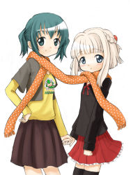 Rule 34 | 00s, 2girls, bad id, bad pixiv id, blue eyes, blush, casual, green eyes, green hair, half updo, hidamari sketch, holding hands, maro (pixiv11425), multiple girls, nazuna (hidamari sketch), nori (hidamari sketch), scarf, shared clothes, shared scarf, short hair, short twintails, skirt, thighhighs, twintails, ume-sensei, white hair, yuri