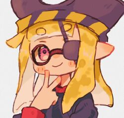 Rule 34 | 1girl, blonde hair, closed mouth, commentary request, commission, eyepatch, hat, highres, inkling, inkling girl, inkling player character, long hair, nintendo, ochocho2828, pink eyes, pirate hat, pointy ears, simple background, smile, solo, splatoon (series), tentacle hair, upper body, v, white background