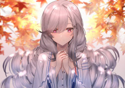 Rule 34 | 1girl, autumn leaves, azur lane, blush, breasts, butterfly hair ornament, day, dress, drill hair, dunkerque (afternoon venus) (azur lane), dunkerque (afternoon venus) (azur lane), dunkerque (azur lane), eternity (pixiv8012826), grey hair, hair between eyes, hair ornament, hat, highres, jewelry, large breasts, long hair, looking at viewer, outdoors, own hands together, quad drills, sidelocks, smile, solo, swept bangs, white dress
