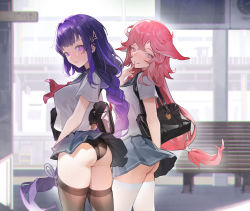 Rule 34 | 2girls, animal ears, ass, bag, bench, black bag, black panties, black thighhighs, blue sailor collar, blue skirt, blurry, blurry background, blush, breasts, carrying bag, closed mouth, clothes lift, day, earrings, finger to mouth, floppy ears, fox ears, from side, genshin impact, hair bun, highres, jewelry, long hair, looking at viewer, looking back, low ponytail, medium breasts, miniskirt, multiple girls, neckerchief, outdoors, panties, pink hair, pleated skirt, purple eyes, purple hair, raiden shogun, red neckerchief, resolution mismatch, sailor collar, school bag, school uniform, see-through, see-through shirt, serafuku, shirt, short sleeves, shoulder bag, skirt, skirt lift, smile, source larger, standing, thighhighs, underwear, very long hair, white shirt, white thighhighs, wind, wind lift, yae miko, zhudouzi