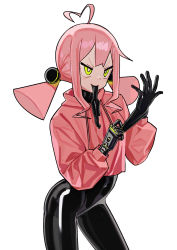 Rule 34 | 1girl, absurdres, adjusting clothes, adjusting gloves, ahoge, android, black bodysuit, bodysuit, bodysuit under clothes, glove in mouth, gloves, green eyes, heart, heart ahoge, highres, hood, hoodie, joints, latex, latex bodysuit, latex gloves, low twintails, mouth hold, original, pink hair, pink hoodie, robot joints, saaal653, shiny clothes, skin tight, solo, twintails, white background, xenon (saaal653)