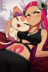 Rule 34 | 1girl, bed, bed sheet, blush, breasts, closed eyes, creatures (company), cuddling, dark-skinned female, dark skin, embarrassed, game freak, gen 3 pokemon, hair ornament, happy, head on chest, jewelry, kyuu (semisan), looking away, lying, makeup, mascara, midriff, multicolored hair, navel, necklace, nintendo, on back, pillow, pillow grab, pink hair, plumeria (pokemon), pokemon, pokemon (creature), pokemon sm, pubic tattoo, skitty, stomach, stomach tattoo, tattoo, team skull, twintails, yellow eyes