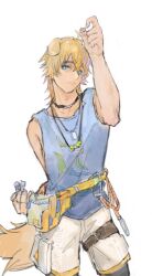 1boy :&lt; ahoge animal_ears arknights arm_up belt blonde_hair blue_eyes blue_vest closed_mouth collarbone dog_boy dog_ears dog_tags dog_tail english_text fanny_pack grey_shorts hair_between_eyes hand_up highres jewelry looking_to_the_side male_focus messy_hair multiple_necklaces muscular muscular_male necklace object_request orange_rope pinching rope shirt shorts solo standing tail tequila_(arknights) thick_eyebrows thigh_strap vest white_background yellow_belt