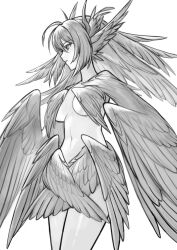 Rule 34 | 1girl, absurdres, breasts, feather hair, feathered wings, harpy, head wings, highres, ippei ipip, long hair, low wings, medium breasts, monochrome, monster girl, nude, original, simple background, solo, underboob, wing censor, winged arms, wings